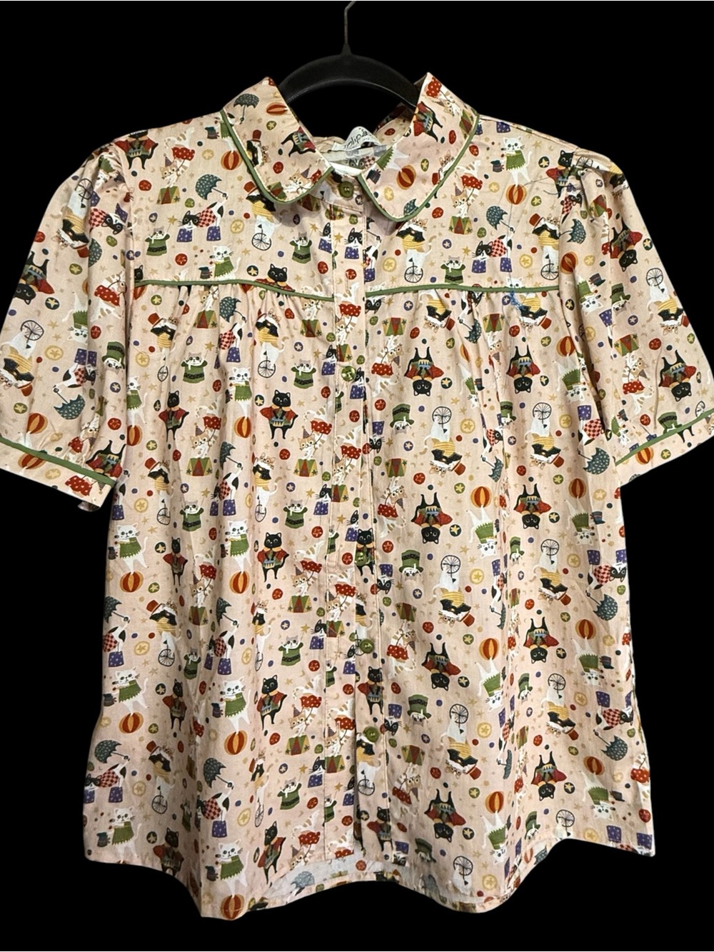 Tulip B Tan Kitten Cat Circus Retro Style Button Front Short Sleeve Blouse NWT